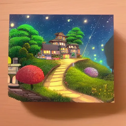 Image similar to beautiful 3 d painting of a colourful house on a hilltop at midnight with small fireflies flying around, in the style of studio ghibli, artstation, unreal engine