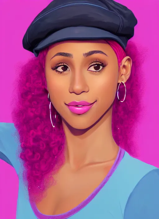 Image similar to portrait of young vanessa morgan with bright pink hair, black girl, vanessa morgan, curly pixie cut hair, wearing purple newsboy cap, newsboy cap, subtle smile, hoop earrings, intricate, elegant, glowing lights, highly detailed, digital painting, artstation, concept art, smooth, sharp focus, illustration, art by wlop, mars ravelo and greg rutkowski