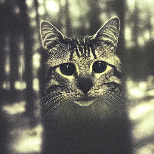 Prompt: professional photography, cat portrait with a forest double exposure, cross process