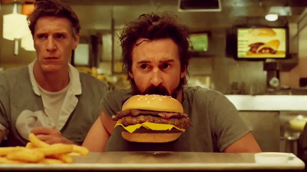 Image similar to the strange creature eats a cheeseburger, at the fast food restaurant, film still, directed by david cronenberg studio lighting, extremely professional