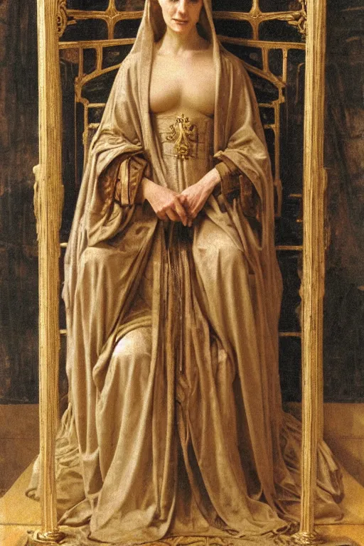 Image similar to jean marsh as medieval queen, sit on throne, bouguereau