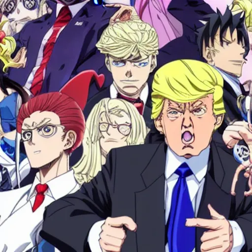 Image similar to trump as a jojo character, anime key visual, jojo the bizarre adventure, hirohiko araki, wlop