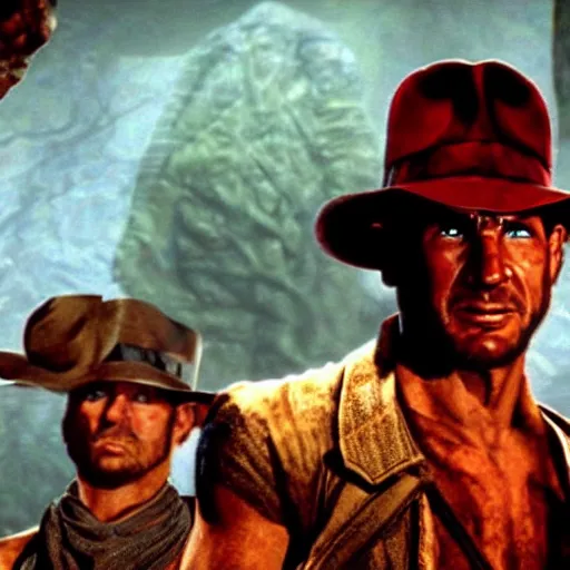 Prompt: a still of from the movie indiana jones and the temple of doom crossover with the game dark souls ii