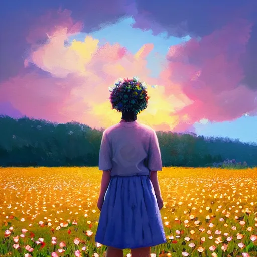 Image similar to girl with a full daisies head, surreal photography, flower field, sunset dramatic light, impressionist painting, colorful clouds, blue sky, digital painting, artstation, simon stalenhag