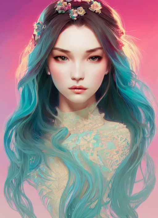 Image similar to beautiful girl with long turqoise hair, cute, intricate, highly detailed, digital painting, trending on artstation, concept art, smooth, sharp focus, backlit, rim light, vivid colors, illustration, unreal engine 5, 8 k, art by rossdraws and alphonse mucha