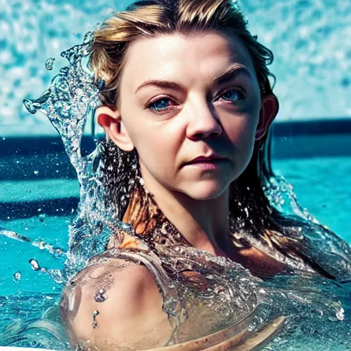 Image similar to close up of face of natalie dormer getting splashed with stunning honey by a hose, bikini, official valentino editorial, highly detailed