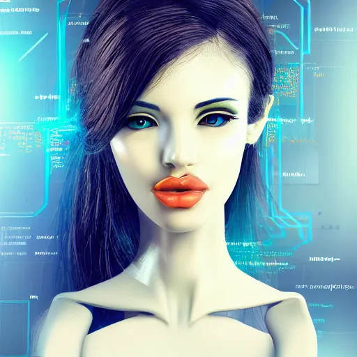 Image similar to beautiful artificial woman face depicted from the distillation of computer code. Digital Art. Trending on ArtStation