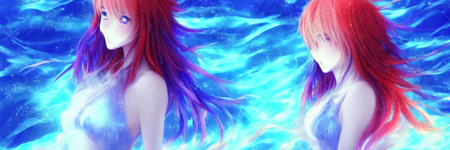 Prompt: advanced digital anime art, a very cute gorgeous teenage girl with a body made of fire and ice , full body, very long snow colored hair, sky blue highlights in hair, red fiery watery eyes, wearing a dress made of water, full round face, dramatic cinematic lighting, wideshot, highly intricately detailed, glitched background, broken screen, trending on pixiv, Artstation, painted by Rossdraws and the style of Sakimimichan