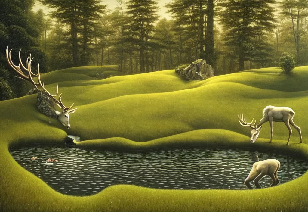 Image similar to hyper detailed 3d render like a Oil painting - white stag drinking from a small pool in a peaceful lush meadow, by Jacek Yerka, Mariusz Lewandowski, Houdini algorithmic generative render, Abstract brush strokes, Masterpiece, Edward Hopper and James Gilleard, Zdzislaw Beksinski, Mark Ryden, Wolfgang Lettl, hints of Yayoi Kasuma, octane render, 8k