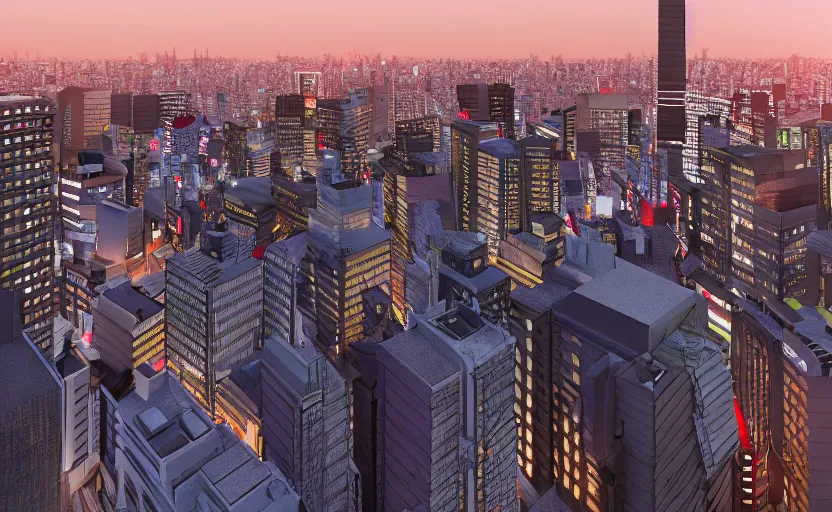 Image similar to 3 d render of tokyo city from a rooftop view, sunset lighting, unreal engine, hyper realism, realistic shading, cinematic composition, blender render, octane render, hdr, detailed textures, photorealistic, ultrawide shot, 1 6 mm lens