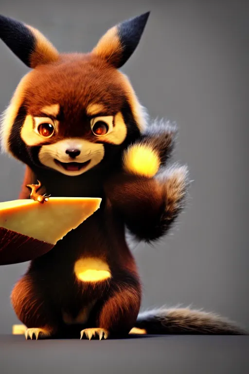 Prompt: high quality 3 d render hyperrealist very cute gothic grumpy dragon & red panda hybrid eating cheese, vray smooth, in the style of detective pikachu, very dramatic light, low angle, uhd 8 k, shallow depth or field