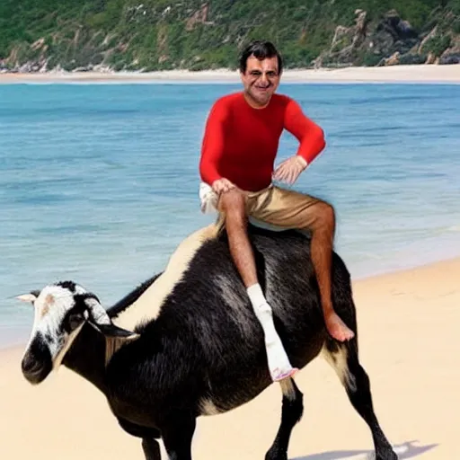 Prompt: Mr bean surfing on a goat