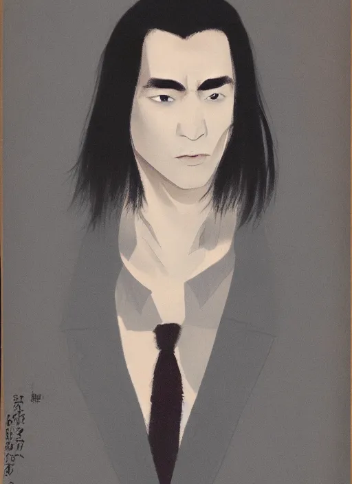 Image similar to portrait by yoji shinakawa, handsome male vampire, focus on face, pretty, long black hair, dark blue shirt, light brown coat