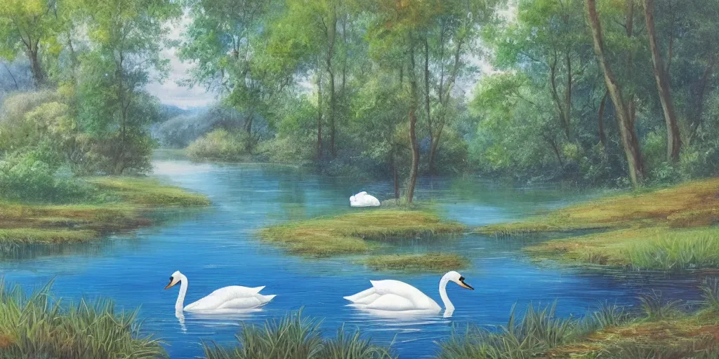 Prompt: painting of a small lake with one swans in it, in a forest, blue water, stunning colors, fairytale