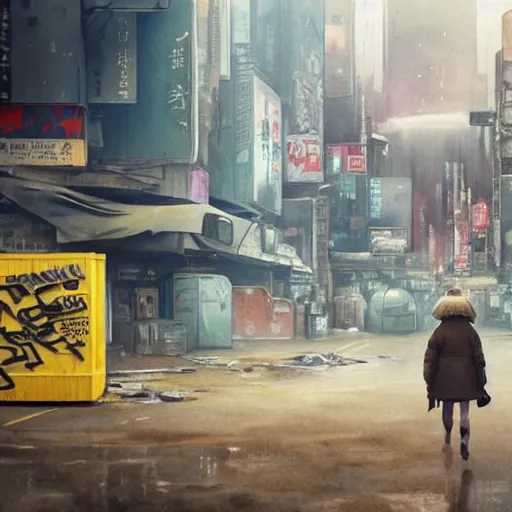 Image similar to incredible wide screenshot, ultrawide, simple watercolor, rough paper texture, ghost in the shell movie scene, backlit distant shot of girl in a parka running from a giant robot invasion side view, yellow parasol in deserted dusty shinjuku junk town, broken vending machines, bold graphic graffiti, old pawn shop, bright sun bleached ground, mud, fog, dust, windy, scary robot monster lurks in the background, ghost mask, teeth, animatronic, black smoke, pale beige sky, junk tv, texture, brown mud, dust, tangled overhead wires, telephone pole, dusty, dry, pencil marks, genius party,shinjuku, koji morimoto, katsuya terada, masamune shirow, tatsuyuki tanaka hd, 4k, remaster, dynamic camera angle, deep 3 point perspective, fish eye, dynamic scene