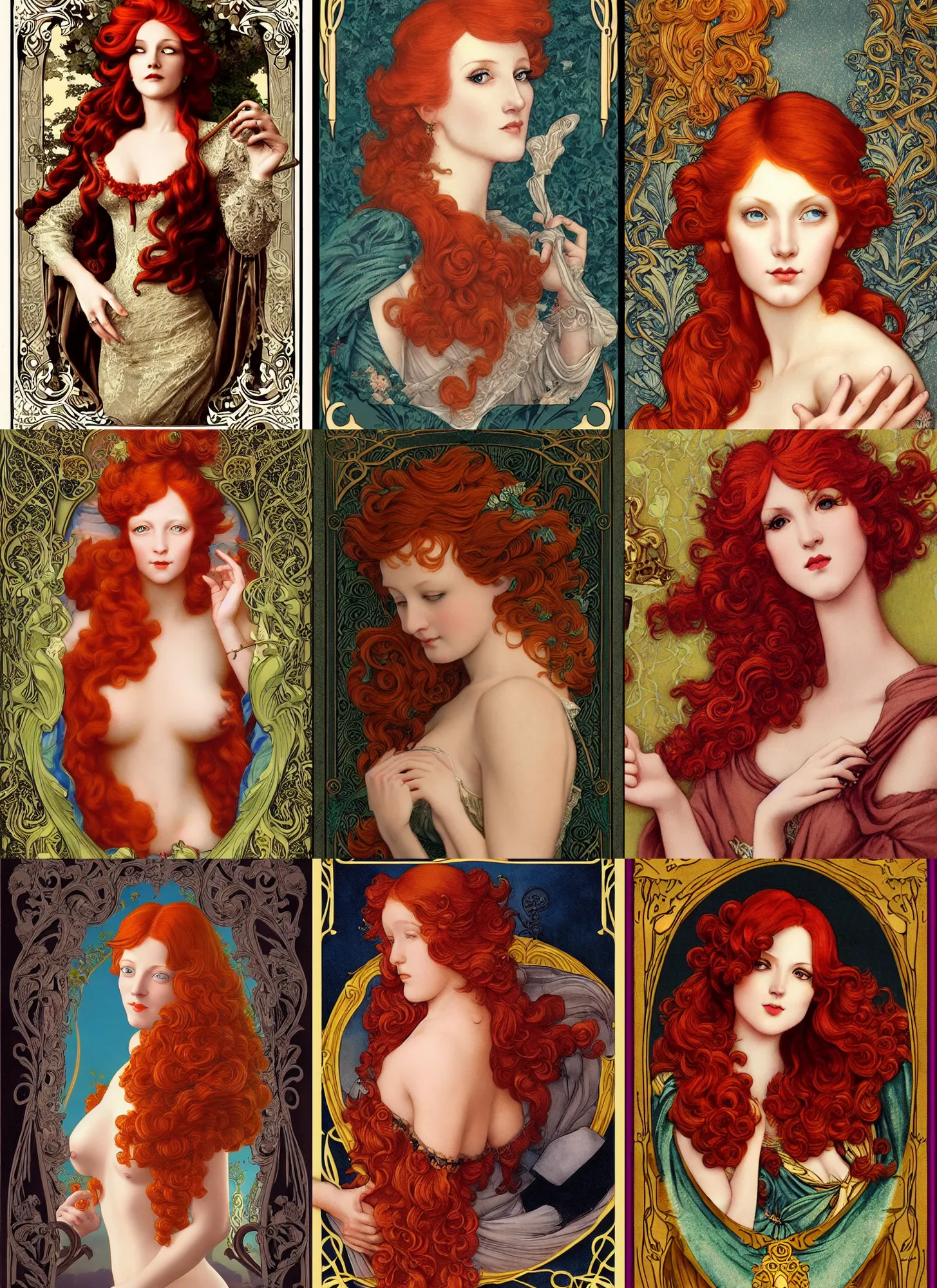 Prompt: redhead woman, rococo and art nouveau, tarot card, highly detailed, deep focus, elegant, smooth, sharp focus, 8 k, artgerm, maxfield parrish
