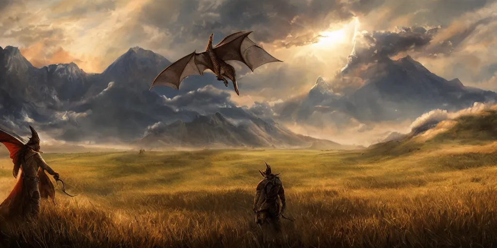 Prompt: a cinematic landscape view looking at an open field with a dragon flying above breathing fire onto the field, mountains in the distance, the sun shines through the parted clouds, digital painting, fantasy, art by alexandre mahboubi and christophe oliver