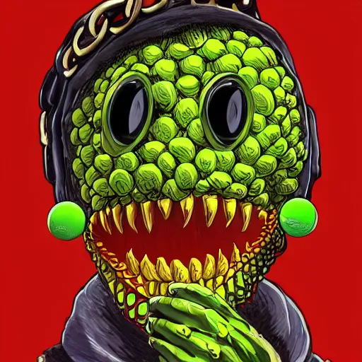 Image similar to a tennis ball monster , balaclava, hip hop, gold chain necklace, diamond teeth, digital art, fantasy, magic, trending on artstation, ultra detailed, professional illustration by Basil Gogos