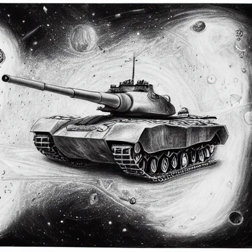 Prompt: armored battle tank with dao yin - yang symbol, detailed pencil drawing, background deep space with galaxies