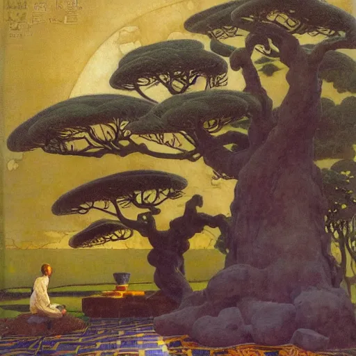 Prompt: Muscular African gardener cutting bonsai trees, grey Hair, idyllic Garden, by Annie Swynnerton and Nicholas Roerich and jean delville, glowing paper lanterns, strong dramatic cinematic lighting , ornate tiled architecture, lost civilizations, smooth, sharp focus, extremely detailed