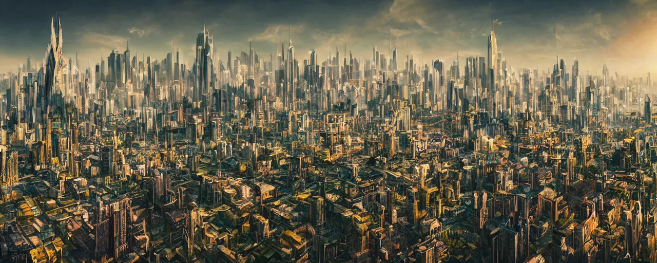 Prompt: close up skyline a futuristic yet traditional metropolis city in a utopia, matte painting, digital painting, intricate, small details, national geographic cover, award winning, 4 k, botanical garden, lush, bright, clear, smooth,