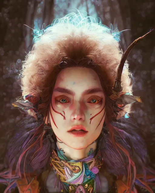 Image similar to portrait of a village witch, beautiful, fantasy, colorful, cinematic lighting, artstation, trending, highly detailed, focus, smooth, by hirohiko araki and yoshitaka amano