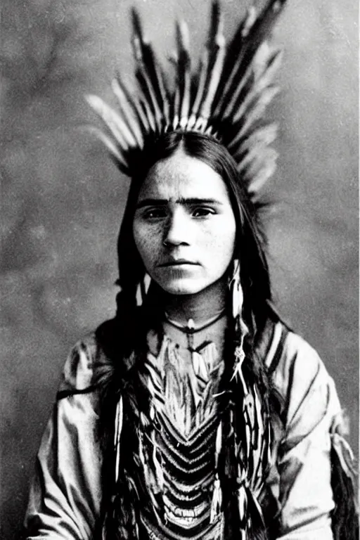 Image similar to “Photo of Native American indian woman Emma Watson, portrait, skilled warrior of the Chiricahua Apache, Lozen was the sister of Victorio a prominent Chief, showing pain and sadness on her face, ancient, realistic, detailed, emma watson”