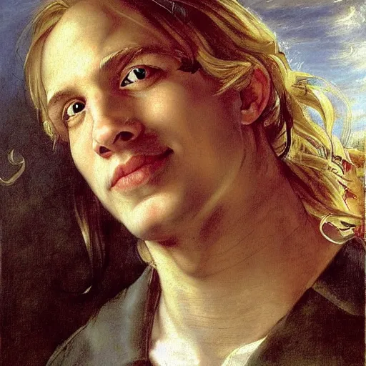 Prompt: beautiful portrait painting of Edward Elric with long curly blond hair, delicate young man wearing an open poet shirt smiling sleepily at the viewer, symmetrically parted curtain bangs, in love by Peter Paul Rubens and Norman Rockwell