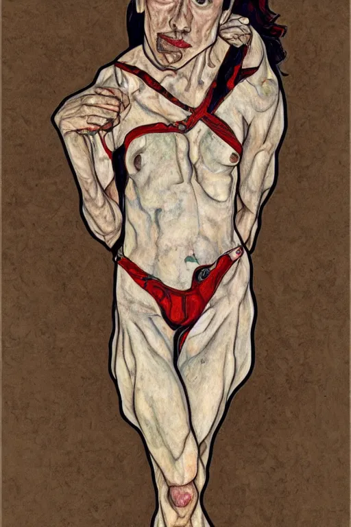 Image similar to a full body character with lifted arms in style of egon schiele, masterpiece, hyperdetailed, complex, intricate, veiled, 4 k, dynamic!! trending on artstation,