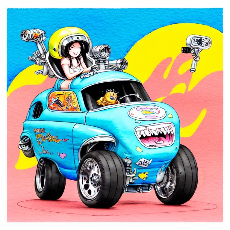 Image similar to cute and funny, pawg wearing a helmet riding in a tiny hot rod with an oversized engine, ratfink style by ed roth, centered award winning watercolor pen illustration, isometric illustration by chihiro iwasaki, edited by range murata, tiny details by artgerm and watercolor girl, symmetrically isometrically centered, sharply focused