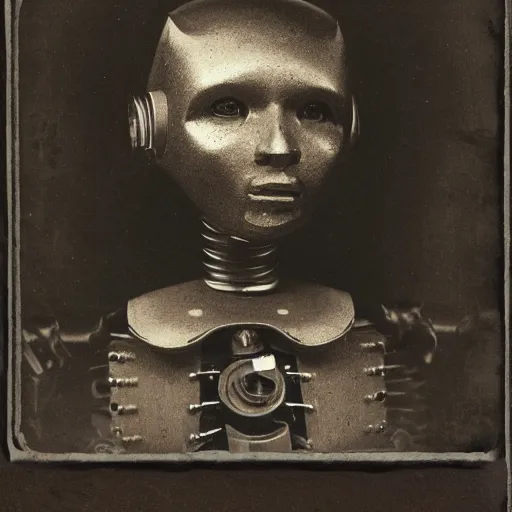 Prompt: humanoid robot, advanced humanoid robots, sleek robot, in log cabin living room, tintype photograph, daguerrotype, 1 8 7 0 s photograph