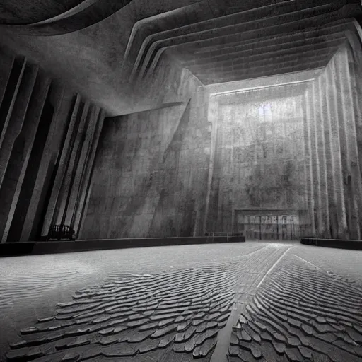 Prompt: architectural digest photo, inside a moody dramatic cavernous huge brutalist cement temple, a giant metallic pyramid made out of high - end hi - fi equipment and futuristic 1 9 8 0's computer screens and displays and computers topped with the giant screaming head of a man, ultra - detailed, photorealistic, volumetric lighting and fog