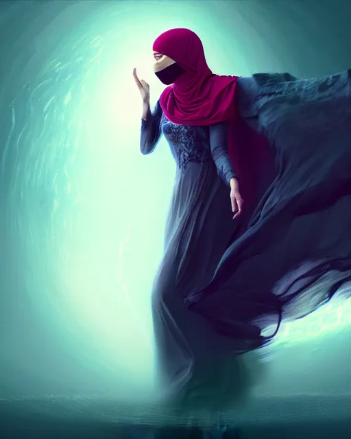 Prompt: beautiful arab woman in niqab, floating in mid - air, long flowing fabric, haunting, dancer, flowers, rain, lightning, storm, digital painting, illustration by raymond swanland and artgerm and mina petrovic and timothy kong and marina federovna, volumetric lighting, artstation
