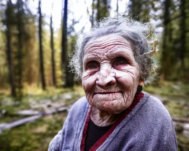 Prompt: close up portrait of an old woman with sinister face and dirty clothes standing outside of an old cabin, forest in the background, bokeh, depth of field, dramatic lighting, cinematic, vivid colors, matte painting, vivid color scheme