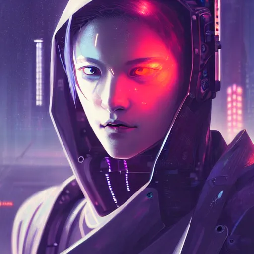 Image similar to portrait of a fierce dangerous cyberpunk hacker android samurai in neotokyo at night, futuristic cyberpunk tokyo night, sci - fi and fantasy, intricate and very beautiful, highly detailed, digital painting, artstation, concept art, smooth and sharp focus, illustration, art by tian zi and wlop and alphonse mucha