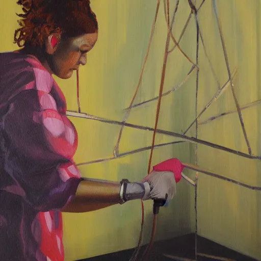 Image similar to woman building electrical wiring, soft lighting, acrylic on canvas