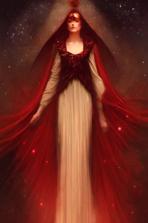 Prompt: a dark fantasy world, glowing, stars, a long-legged elegant evil woman, mysterious, ethereal, dressed in red velvet, haute couture, illustration, dramatic lighting, soft details, painting, by Edmund Blair Leighton, Brom, Charlie Bowater, trending on artstation, faces by Tom Bagshaw, Sargent