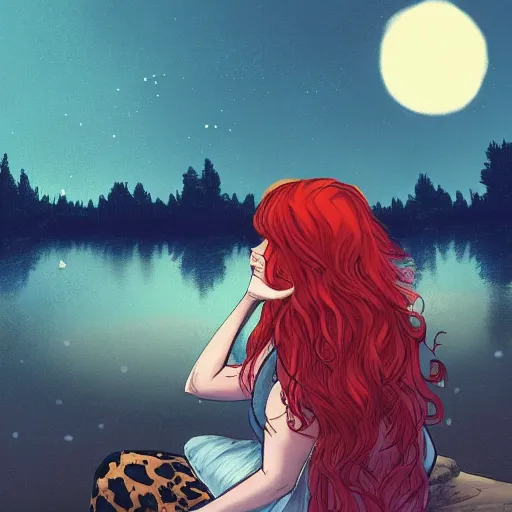 Image similar to a beautiful comic book illustration of a woman with long red hair sitting near a lake at night by daniele afferni, featured on artstation