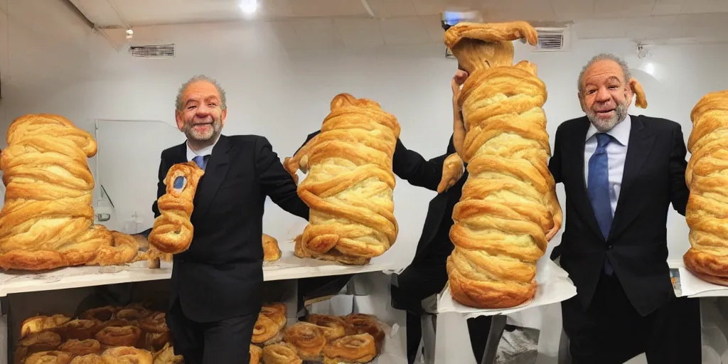 Prompt: long arms. really long arms. very long arms, arms. alan sugar with really long arms holding some pastry pets. long arms. stretched limbs. pastry sheep, pastry lizard