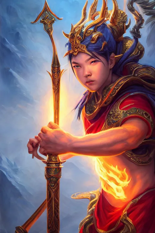 Image similar to a masterpiece portrait of nezha, legendary god holding spear, boy, flame everywhere, epic pose, fantasy character portrait, closeup shot, hyper detailed, digital painting, 8 k realistic, trending on artstation, sharp focus, dof, by fenghua zhong, artgerm, ne zha from smite, jeff easley, raymond swanland