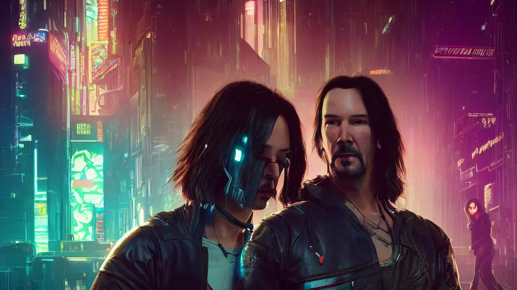 Image similar to a cyberpunk 2077 srcreenshot couple portrait of Keanu Reeves&female android in kiss,love story,film lighting,by Laurie Greasley,Lawrence Alma-Tadema,Dan Mumford,John Wick,Speed,Replicas,artstation,deviantart,FAN ART,full of color,Digital painting,face enhance,highly detailed,8K,octane,golden ratio,cinematic lighting