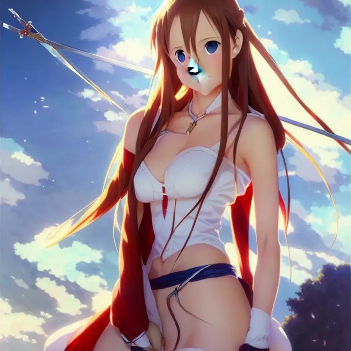 Image similar to very beautifu photo of asuna from sao, asuna by a - 1 pictures, by greg rutkowski, gil elvgren, enoch bolles, glossy skin, pearlescent, anime, maxim magazine, very coherent, mega detailed