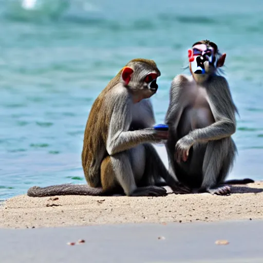 Image similar to two monkeys sipping ice coffee at a beach in the Caribbean