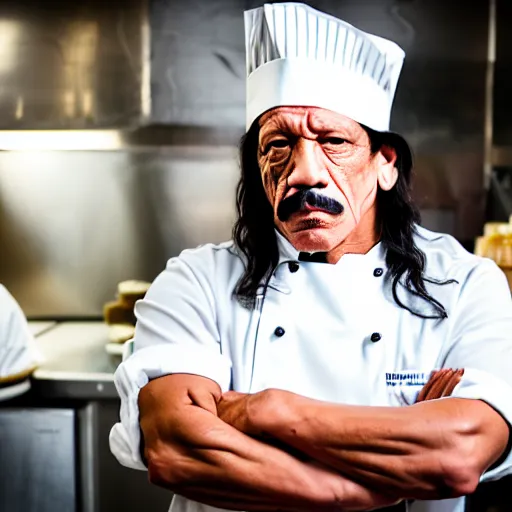 Image similar to photo of danny trejo working as a pastry chef, 8 k, 5 2 mm f 1. 8