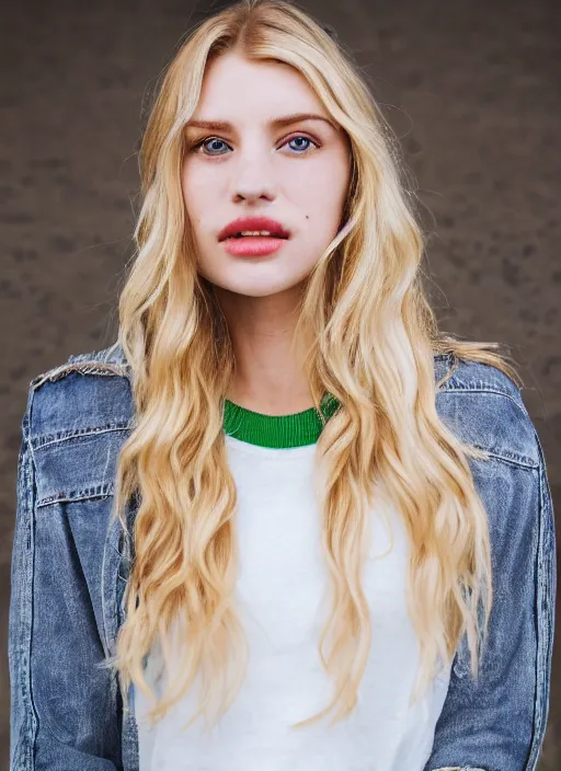 Image similar to Portrait Photography closeup of a Blonde Girl, Young Beautiful Face, Green Eyes, Freckles, Wearing a white crop-top and jeans, with a subtle smile, Epic, Charming, Character, trending on 500px