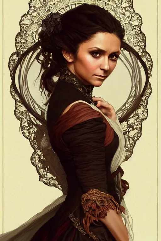 Image similar to Nina Dobrev dressed in a victorian fashion, D&D, fantasy, intricate, elegant, highly detailed, digital painting, artstation, concept art, matte, sharp focus, illustration, art by Artgerm and Greg Rutkowski and Alphonse Mucha