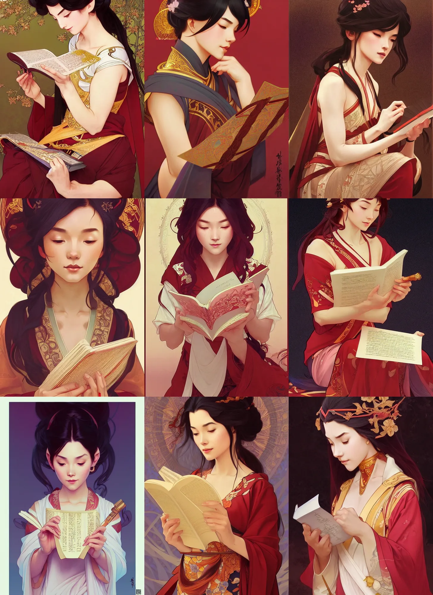 Prompt: A beautiful miko reading a scroll, highly detailed, digital painting, artstation, concept art, smooth, sharp focus, illustration, art by artgerm and alphonse mucha, high definition digital art, in the style of Ross tran and ilya kuvshinov