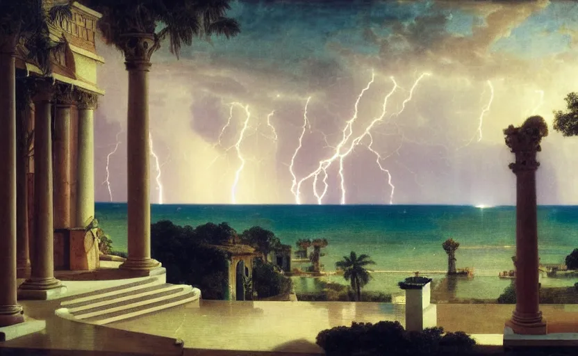 Image similar to mediterranean balustrade and columns, refracted lightnings on the ocean, thunderstorm, greek pool, beach and Tropical vegetation on the background major arcana sky and occult symbols, by paul delaroche, hyperrealistic 4k uhd, award-winning, very detailed paradise