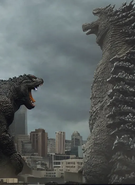 Prompt: godzilla eating a sandwich made of buildings, realistic, still shot from the new godzilla movie