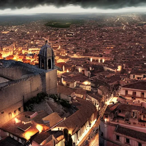 Image similar to the monumental city of caceres with a dragon flying over it, dramatic lighting, cinematic, extremly high detail, photorealistic, cinematic lighting, post processed, concept art, artstation, matte painting, style by greg rutkowsky - 1 0 2 4